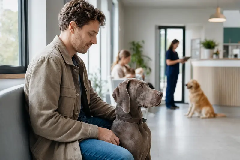 Ein Weimaraner sitzt ruhig neben seinem Besitzer im hellen Wartezimmer einer modernen Tierarztpraxis.